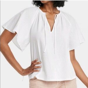 A New Day Flutter Short Sleeve Popover Tie Neck Shirt Blouse white Womens XS